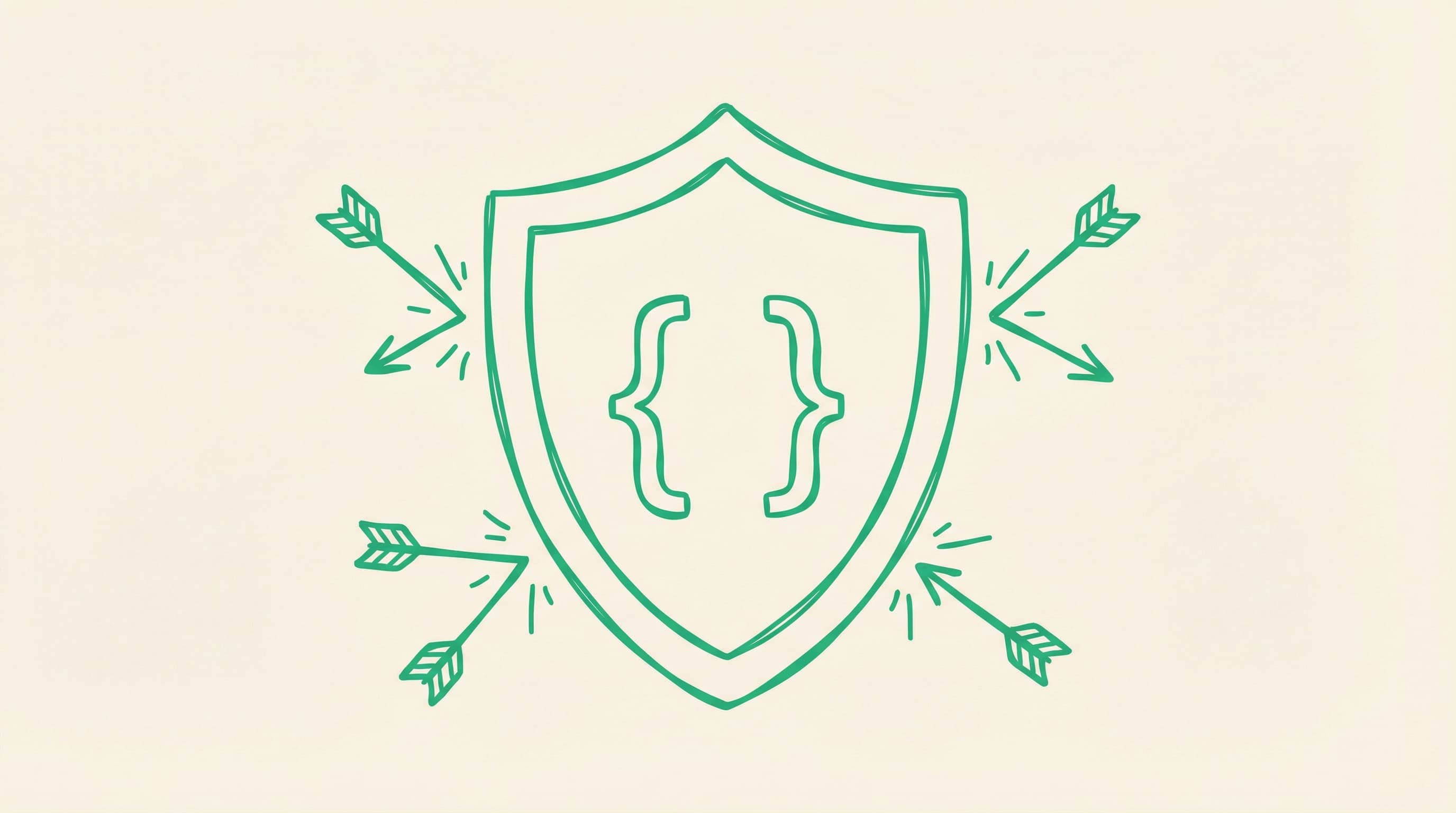 AppSec consulting illustration showing shield with code brackets deflecting attack vectors