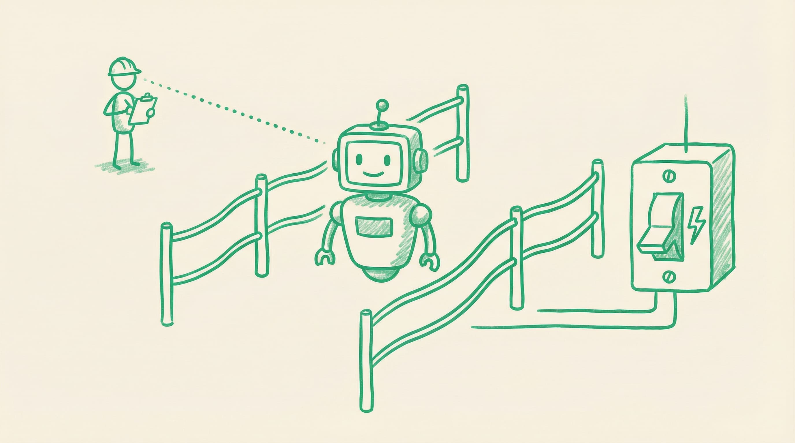 Safe autonomous systems architecture showing guardrails, circuit breakers, and human oversight