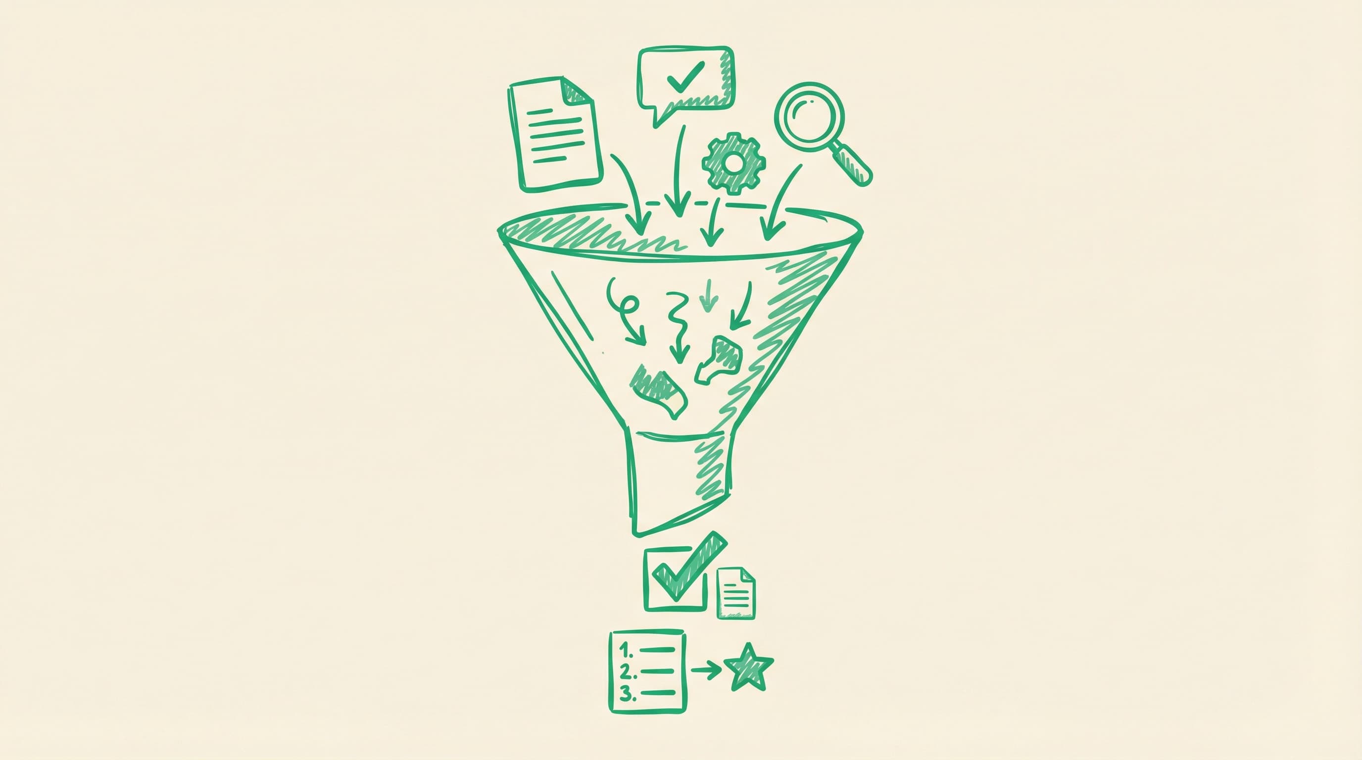 Review pipeline funnel diagram showing inputs flowing through filters to prioritized output