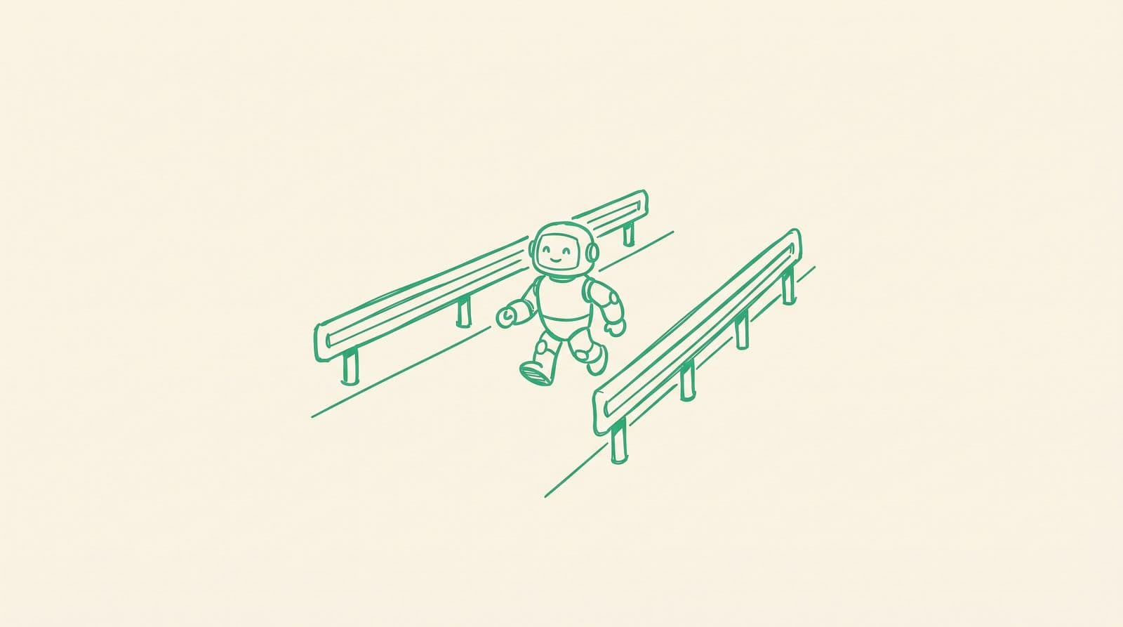 Safe Autonomy illustration: an AI agent moving forward between two guardrails