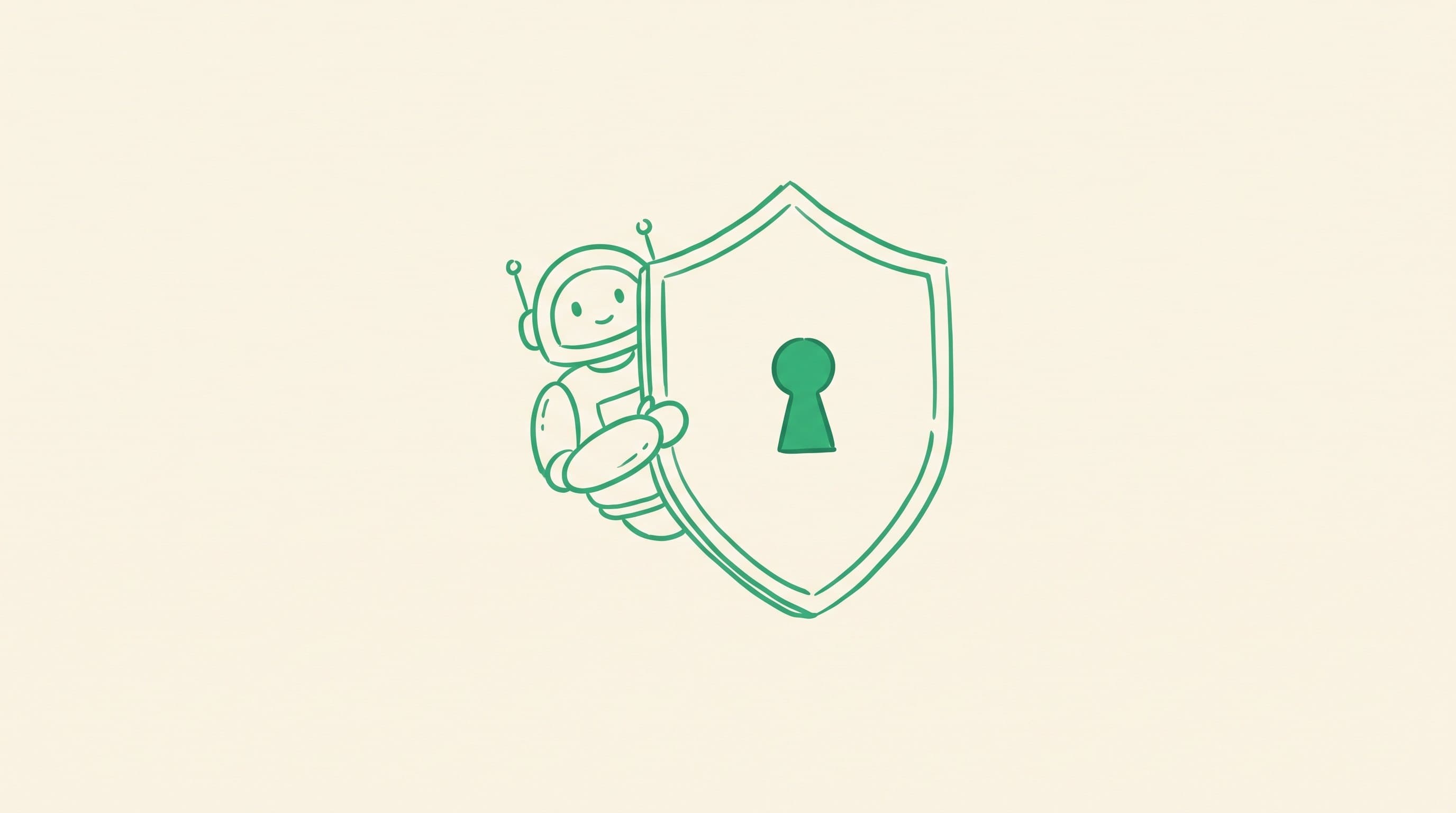 AI agent security illustration showing a robot holding a shield with a keyhole